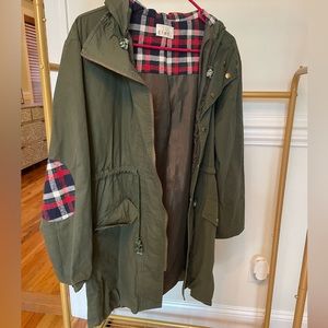 ETWO Olive green jacket w/ flannel lined hood and elbow patch details.